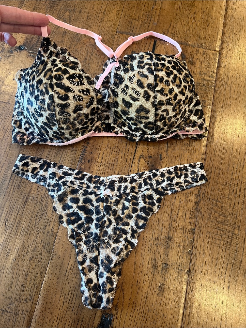 PINK Victoria's Secret Leopard Print Lace Push Up Bra & Thong Set with Pink Trim